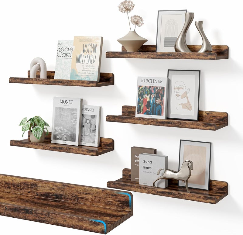 YUFLINX 16’’Rustic Brown Floating Shelves for Wall Set of 6,Rustic Wood Shelf for Room Decor/Storage/Display,Small Bookshelf,Wall Mounted Hanging Shelves for Bedroom, Bathroom, Living Room, Kitchen - Image 1